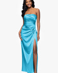 "Molly" Satin Strapless Leg Slit Floor Length Dress