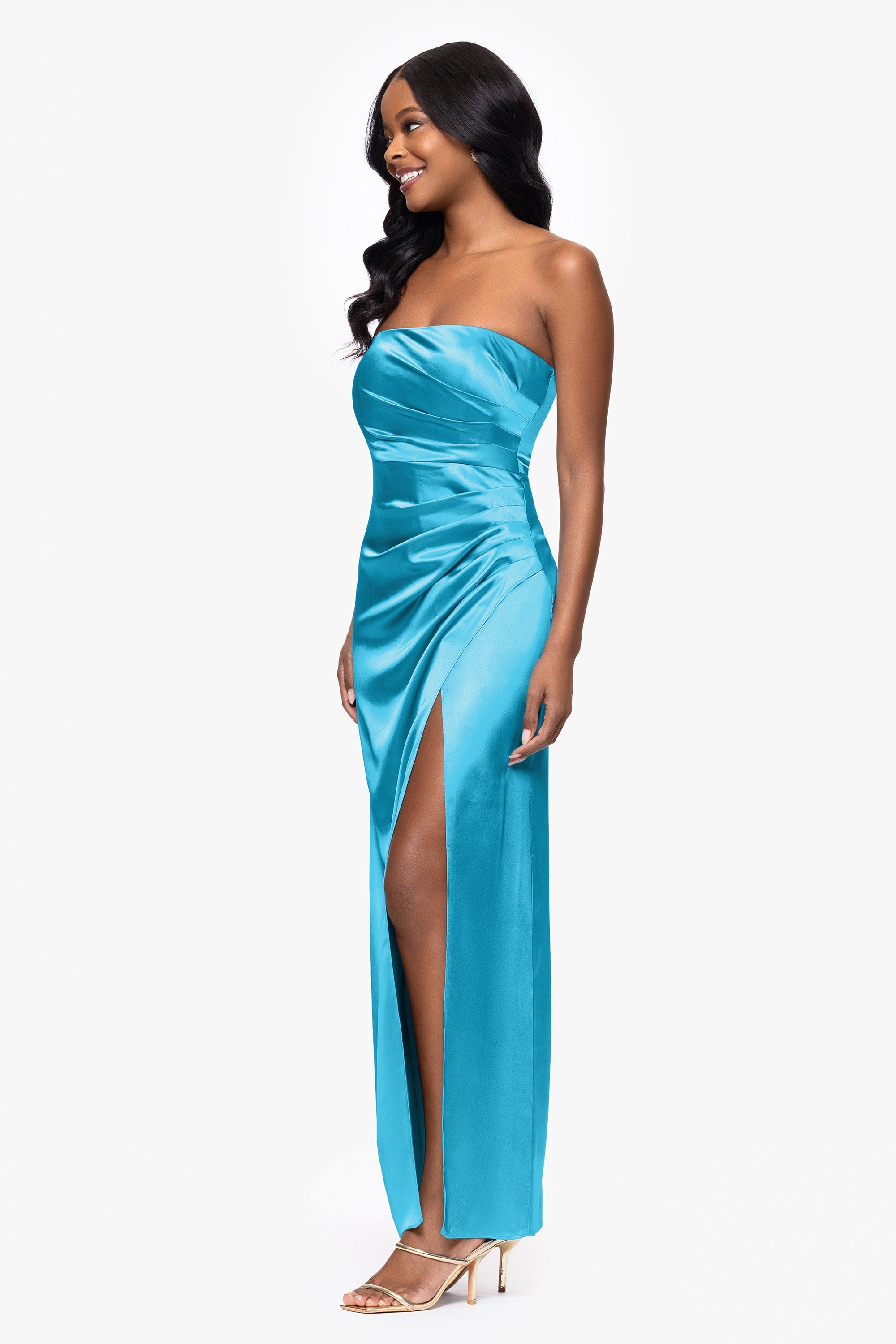 "Molly" Satin Strapless Leg Slit Floor Length Dress