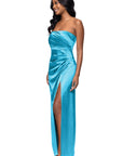 "Molly" Satin Strapless Leg Slit Floor Length Dress