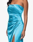 "Molly" Satin Strapless Leg Slit Floor Length Dress