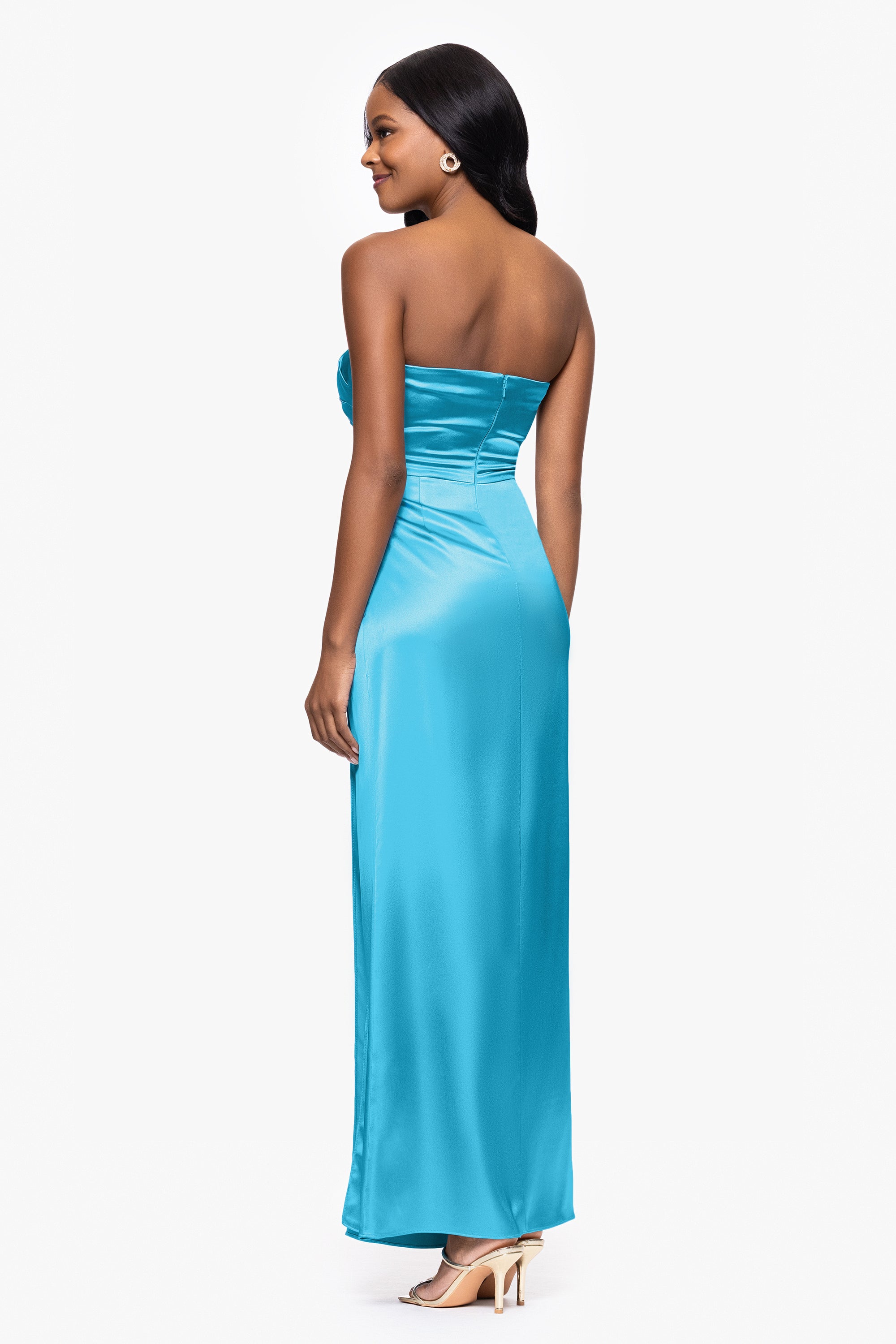 "Molly" Satin Strapless Leg Slit Floor Length Dress
