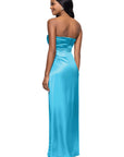 "Molly" Satin Strapless Leg Slit Floor Length Dress