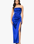 "Molly" Satin Strapless Leg Slit Floor Length Dress