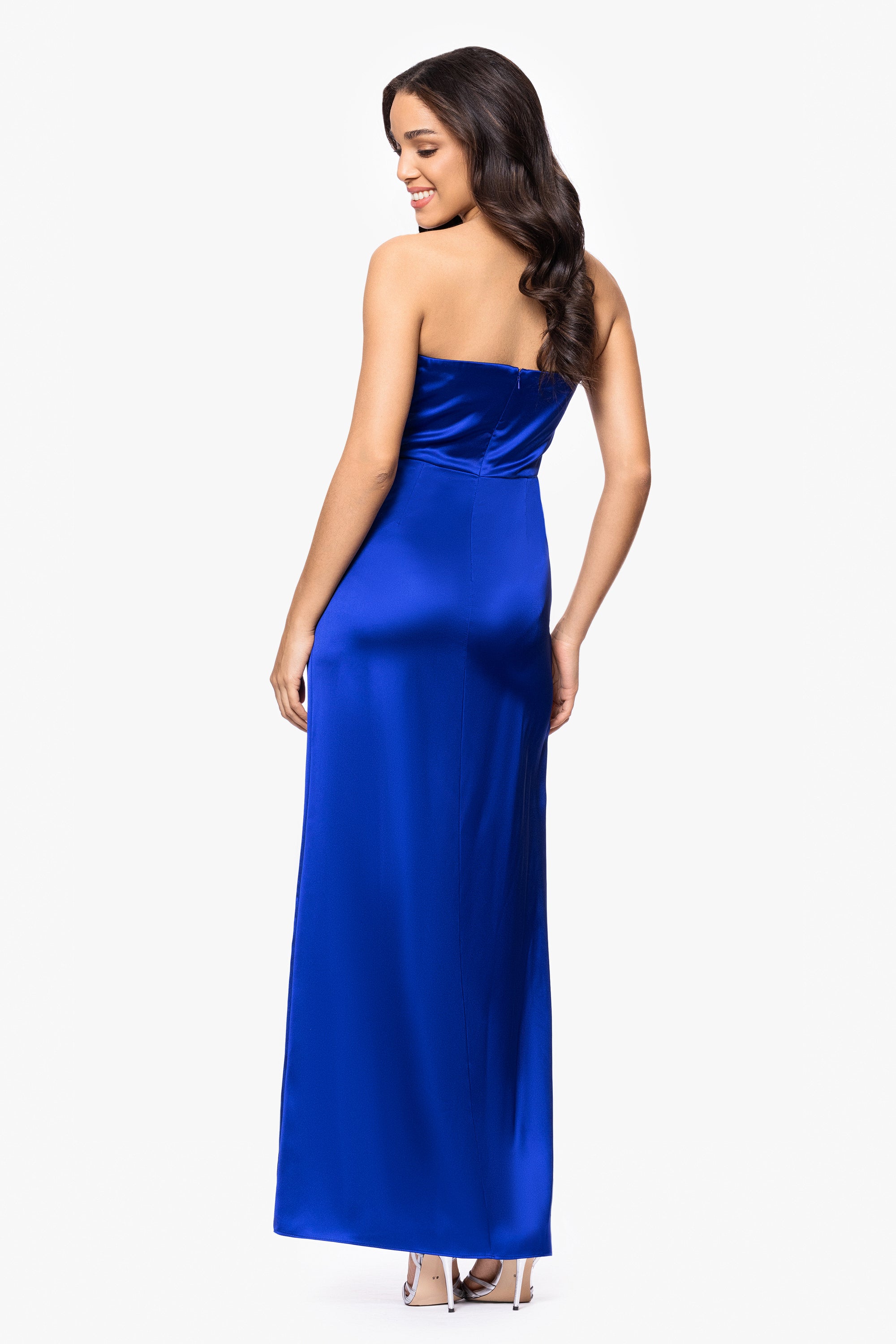 "Molly" Satin Strapless Leg Slit Floor Length Dress