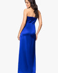 "Molly" Satin Strapless Leg Slit Floor Length Dress