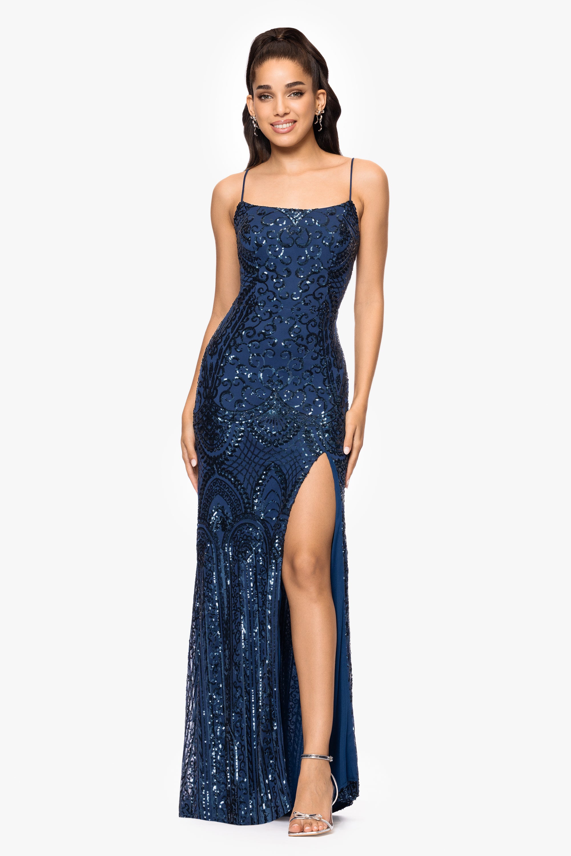 "Cleo" Long Square Neck Sequin Pattern Dress