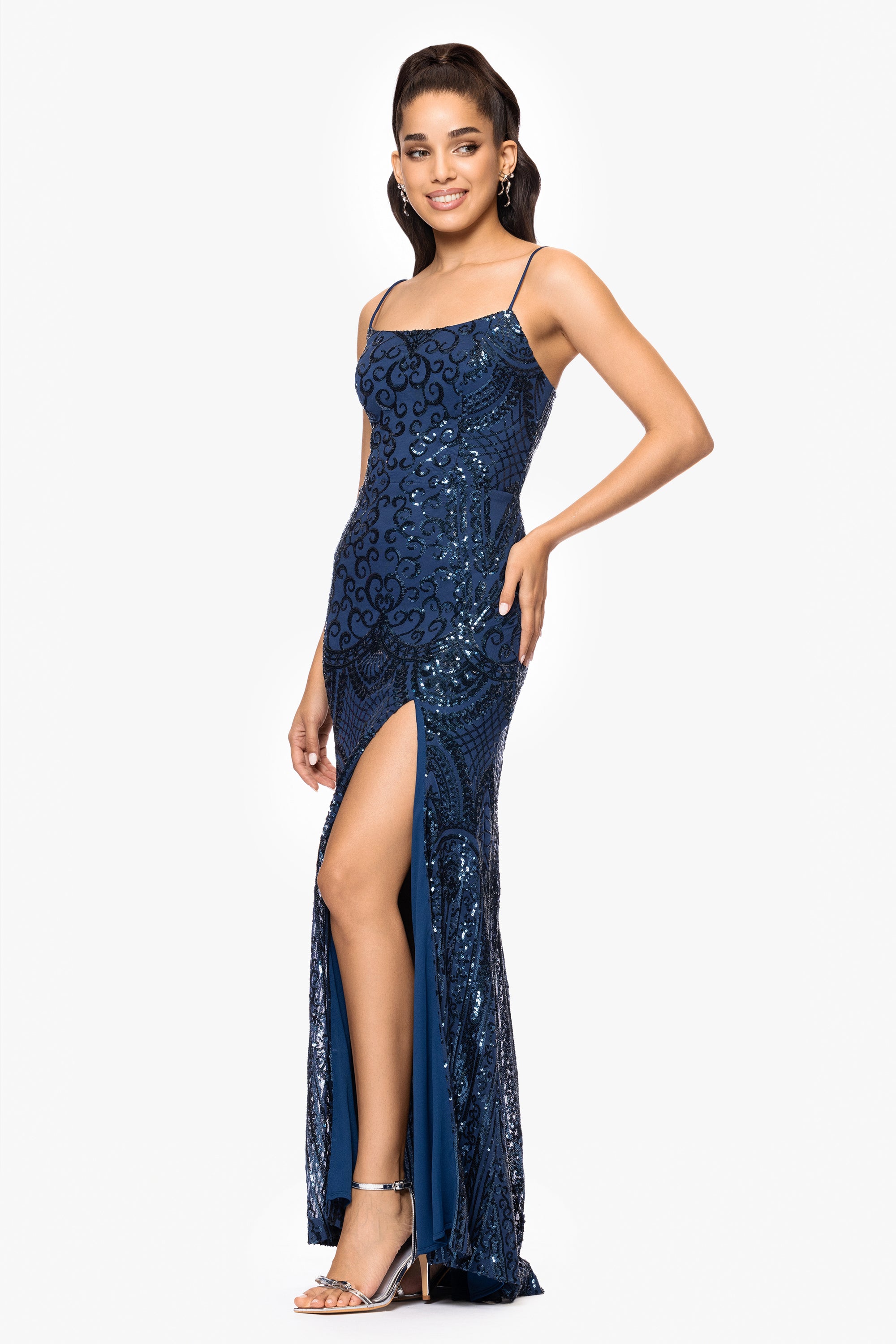 "Cleo" Long Square Neck Sequin Pattern Dress