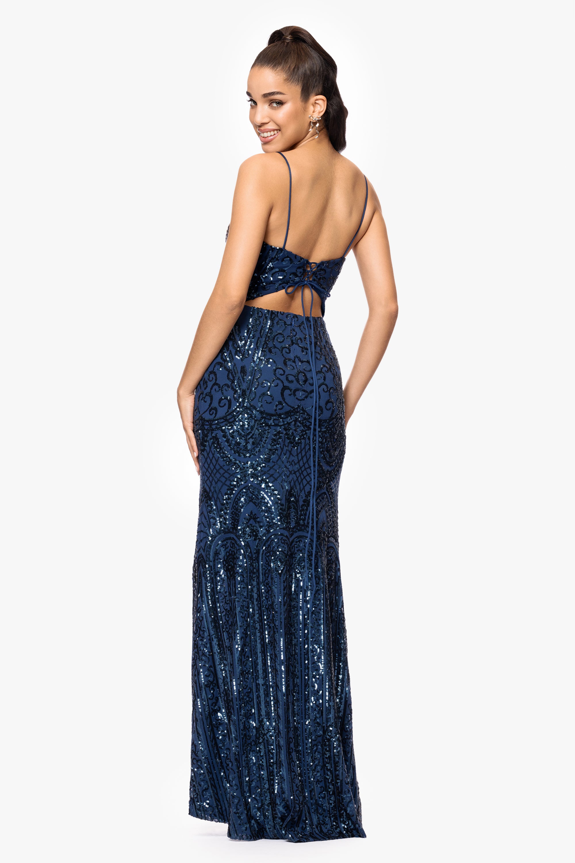 "Cleo" Long Square Neck Sequin Pattern Dress
