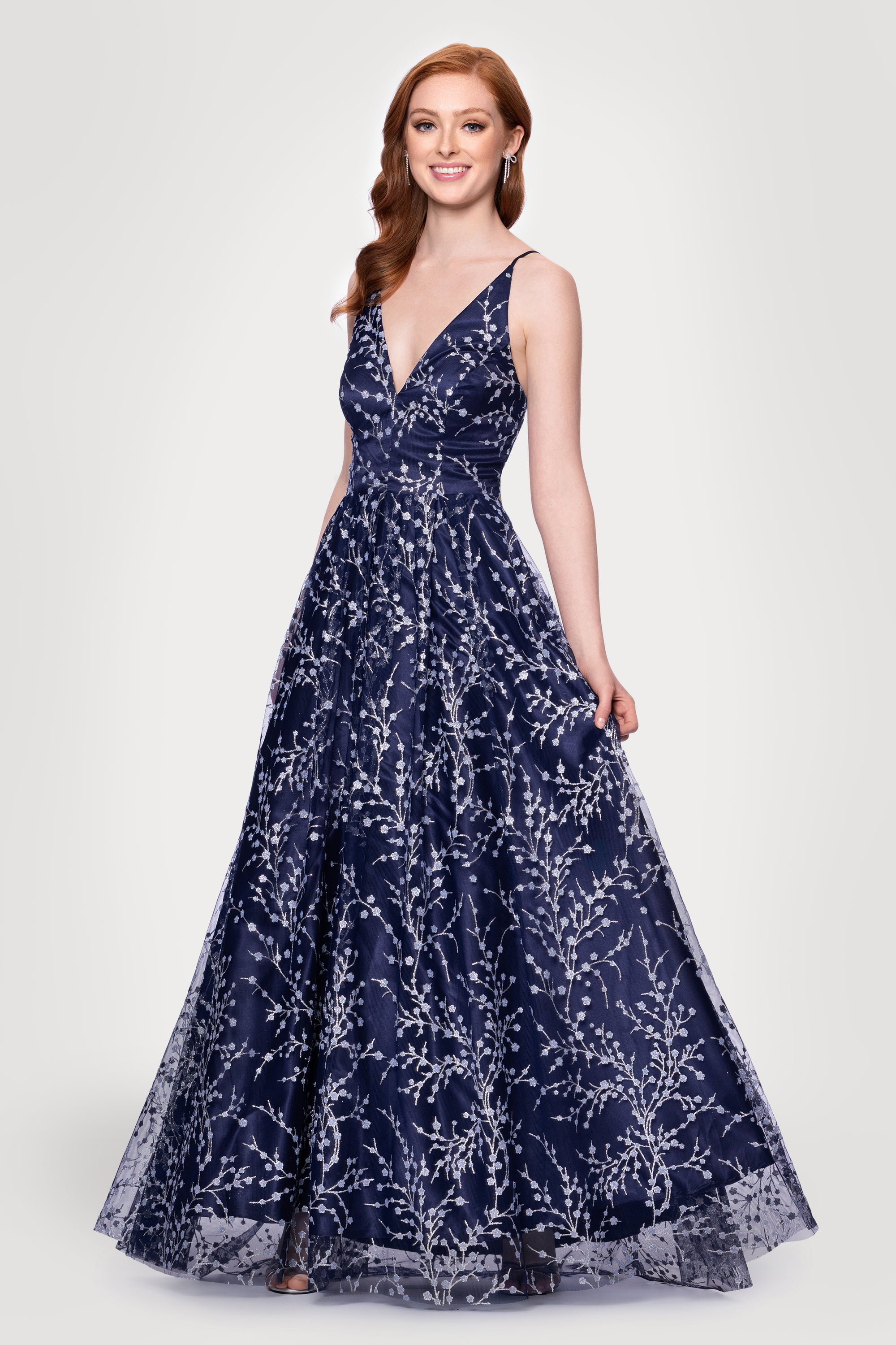 "Shayla" Caviar Glitter V-Neck Tieback Floor Length Dress