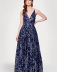 "Shayla" Caviar Glitter V-Neck Tieback Floor Length Dress
