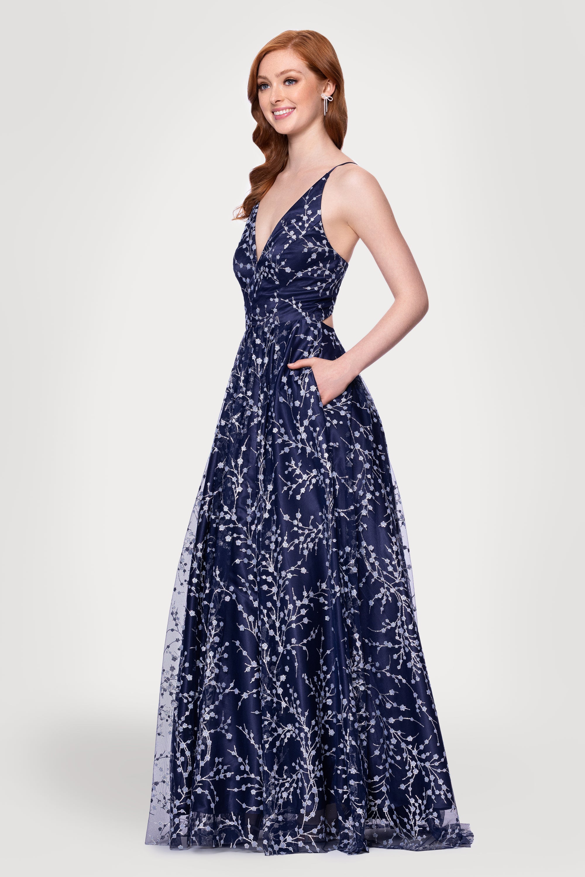 "Shayla" Caviar Glitter V-Neck Tieback Floor Length Dress