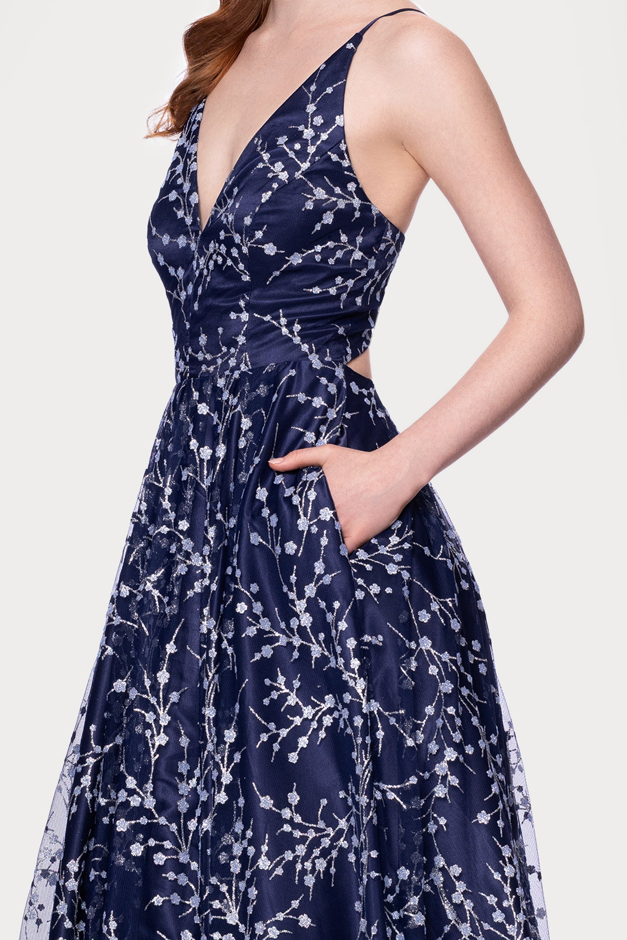 "Shayla" Caviar Glitter V-Neck Tieback Floor Length Dress