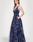 "Shayla" Caviar Glitter V-Neck Tieback Floor Length Dress