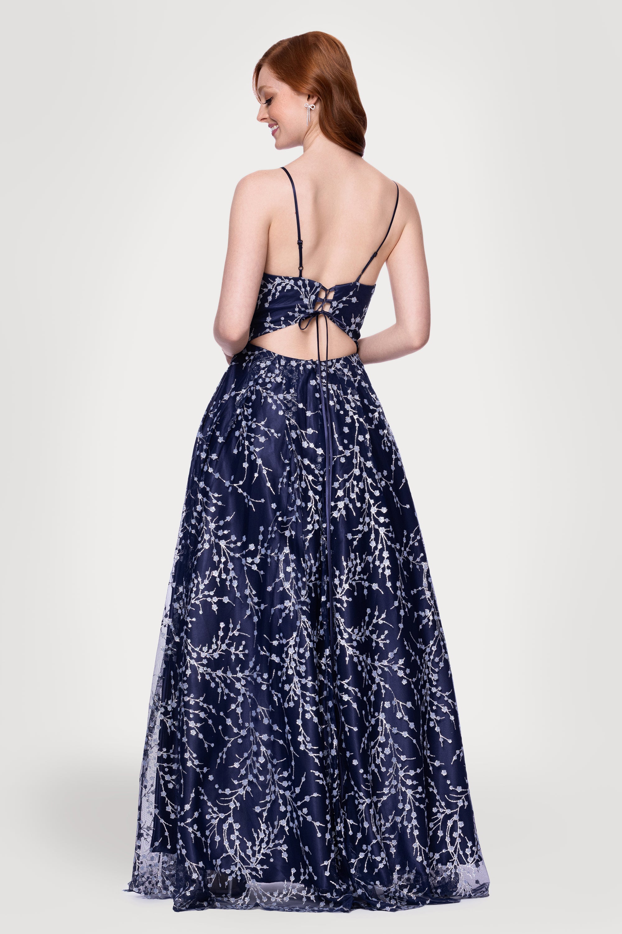 "Shayla" Caviar Glitter V-Neck Tieback Floor Length Dress