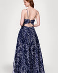 "Shayla" Caviar Glitter V-Neck Tieback Floor Length Dress