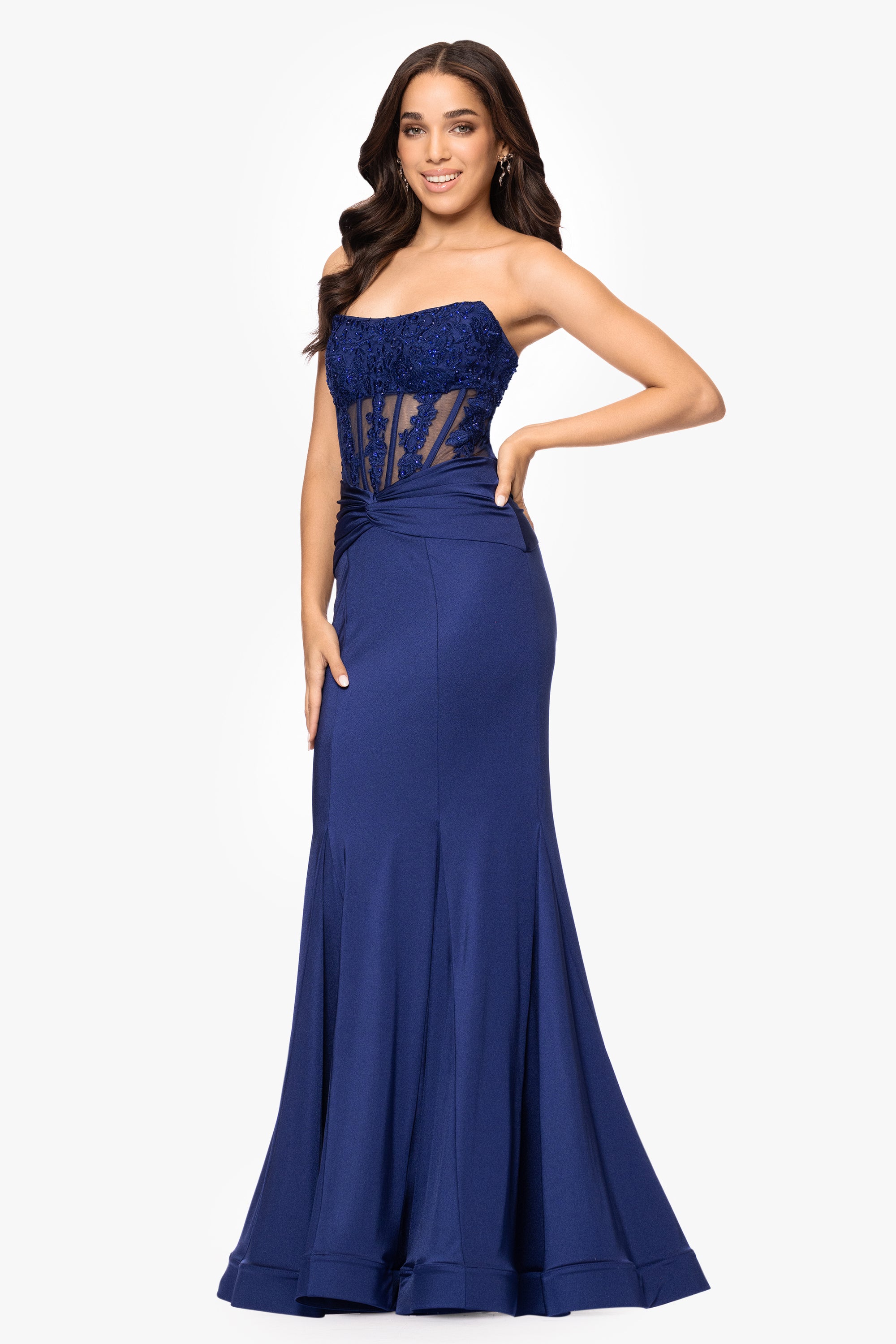 "Nadia" Long Strapless Satin Corset Trumpet Dress