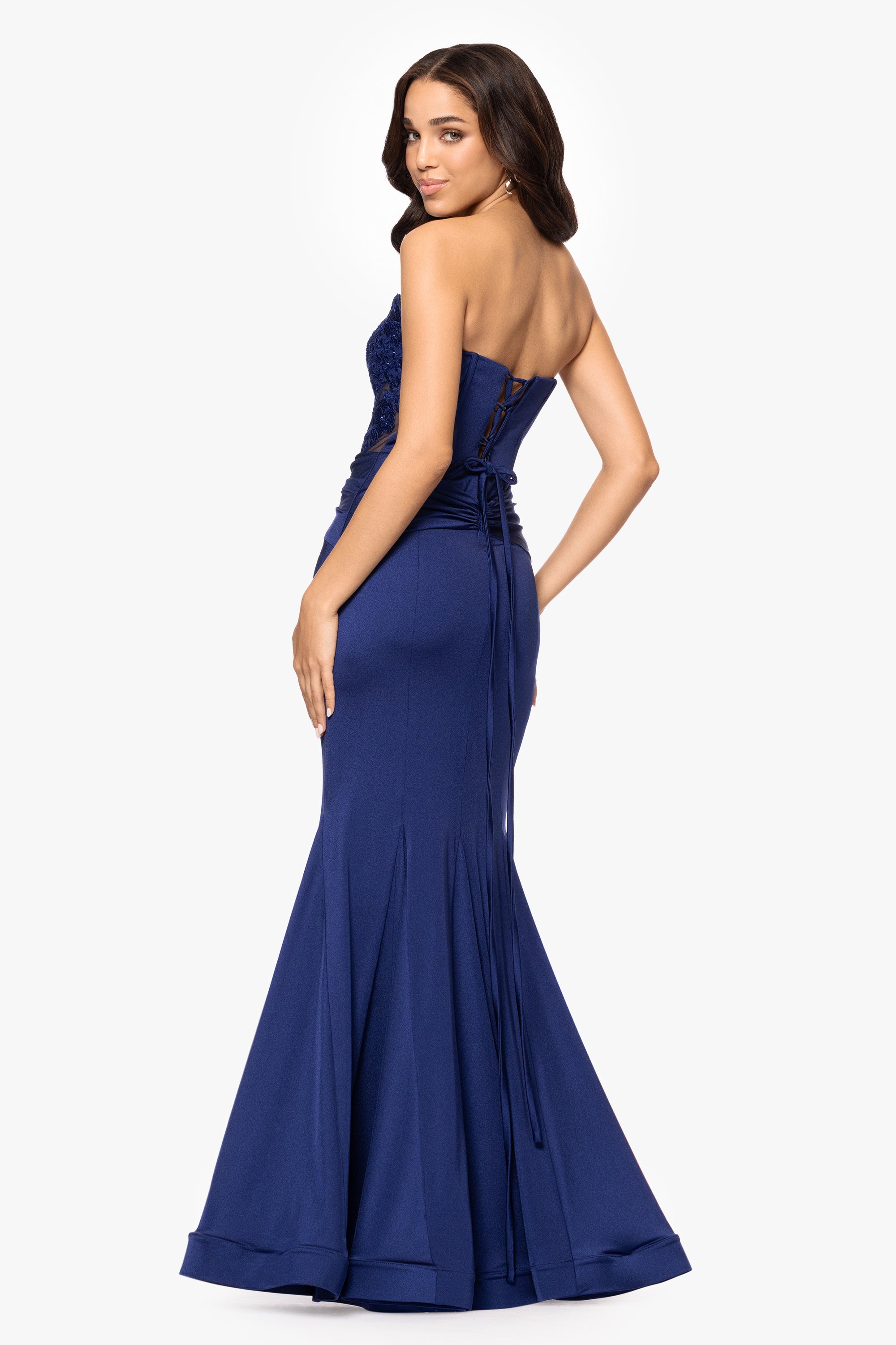 "Nadia" Long Strapless Satin Corset Trumpet Dress