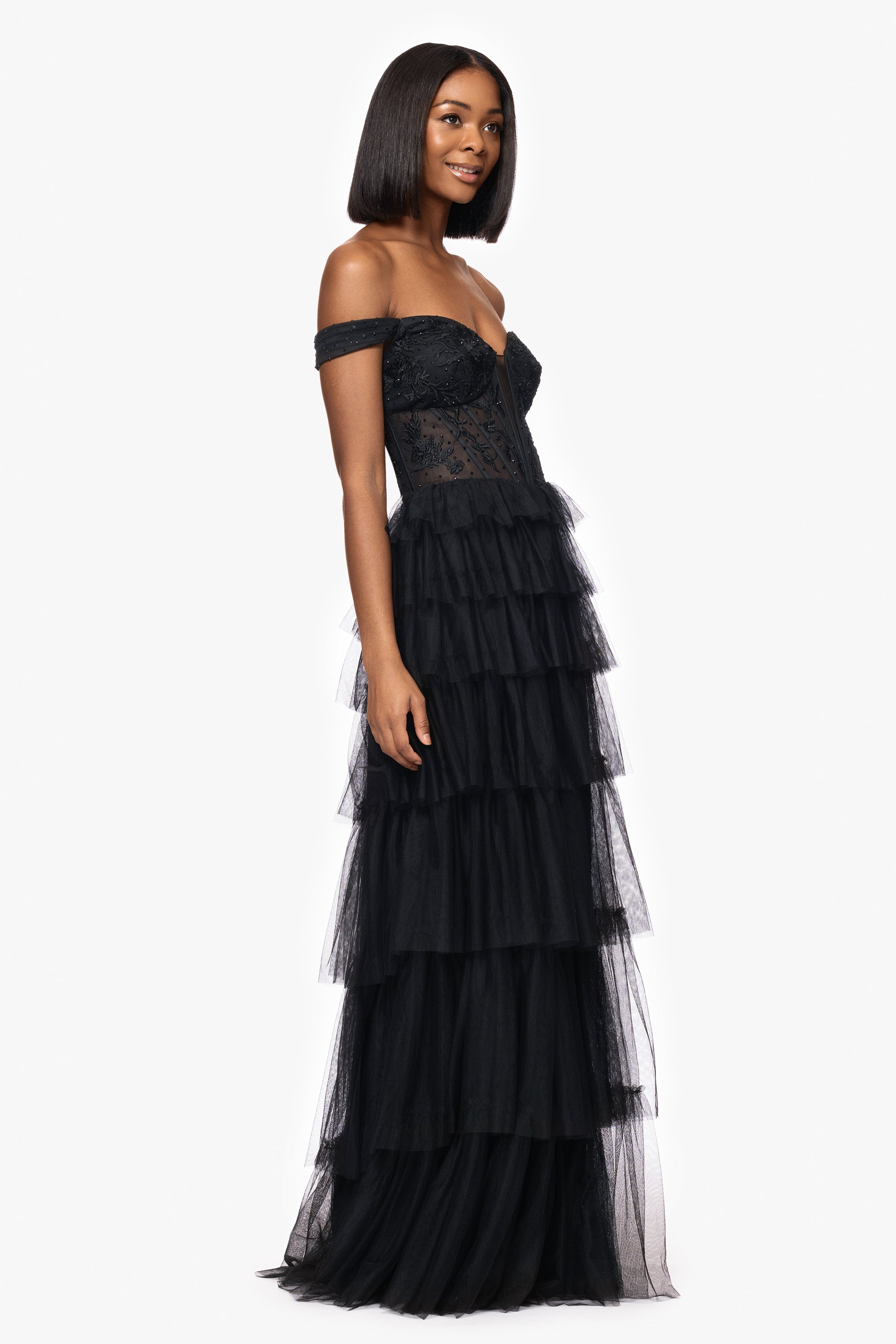 "Charlotte" Long Mesh Off the Shoulder Applique and Ruffle Skirt Dress