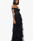 "Charlotte" Long Mesh Off the Shoulder Applique and Ruffle Skirt Dress