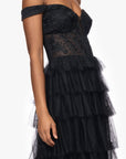 "Charlotte" Long Mesh Off the Shoulder Applique and Ruffle Skirt Dress