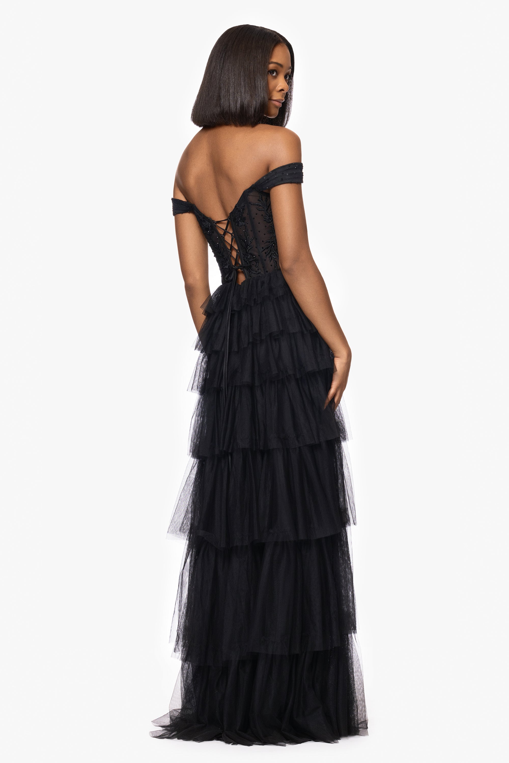 "Charlotte" Long Mesh Off the Shoulder Applique and Ruffle Skirt Dress