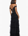 "Charlotte" Long Mesh Off the Shoulder Applique and Ruffle Skirt Dress