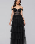 "Charlotte" Long Mesh Off the Shoulder Applique and Ruffle Skirt Dress