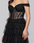 "Charlotte" Long Mesh Off the Shoulder Applique and Ruffle Skirt Dress