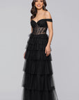 "Charlotte" Long Mesh Off the Shoulder Applique and Ruffle Skirt Dress