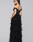 "Charlotte" Long Mesh Off the Shoulder Applique and Ruffle Skirt Dress