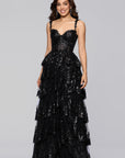 "Connie" Sequin Mesh Tiered Floor Length Dress