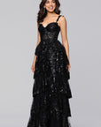 "Connie" Sequin Mesh Tiered Floor Length Dress