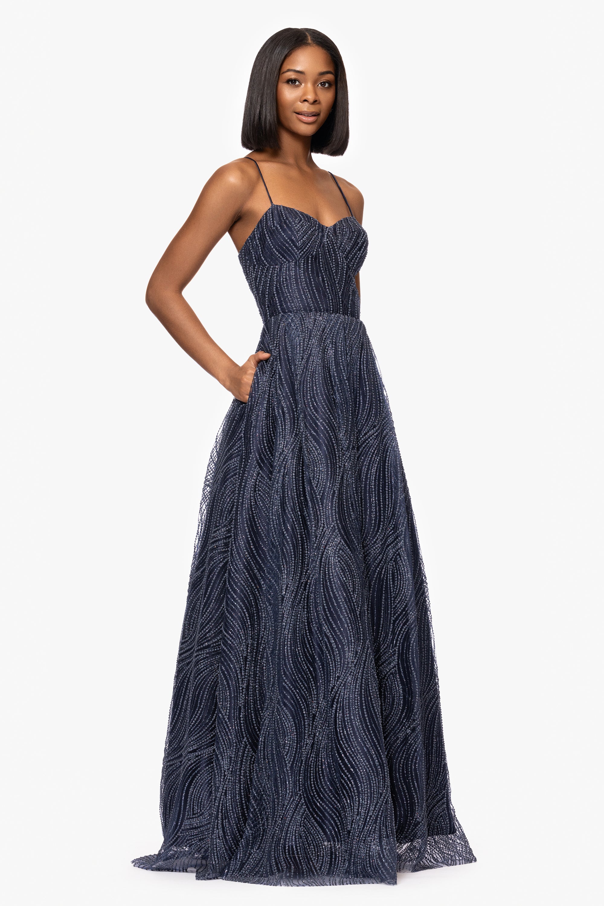 "Samantha" Puff Glitter Spaghetti Strap Floor Length Dress