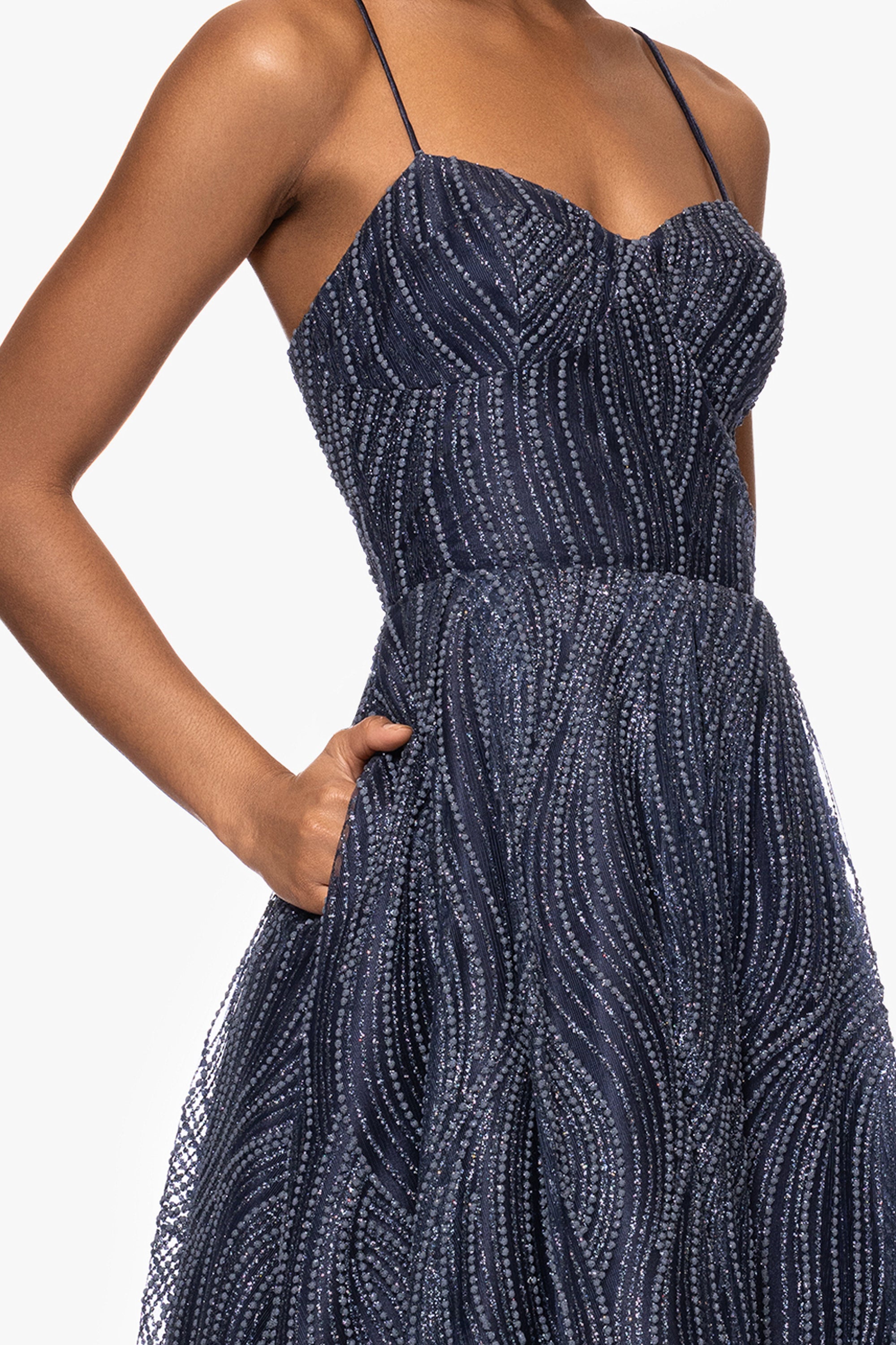 "Samantha" Puff Glitter Spaghetti Strap Floor Length Dress