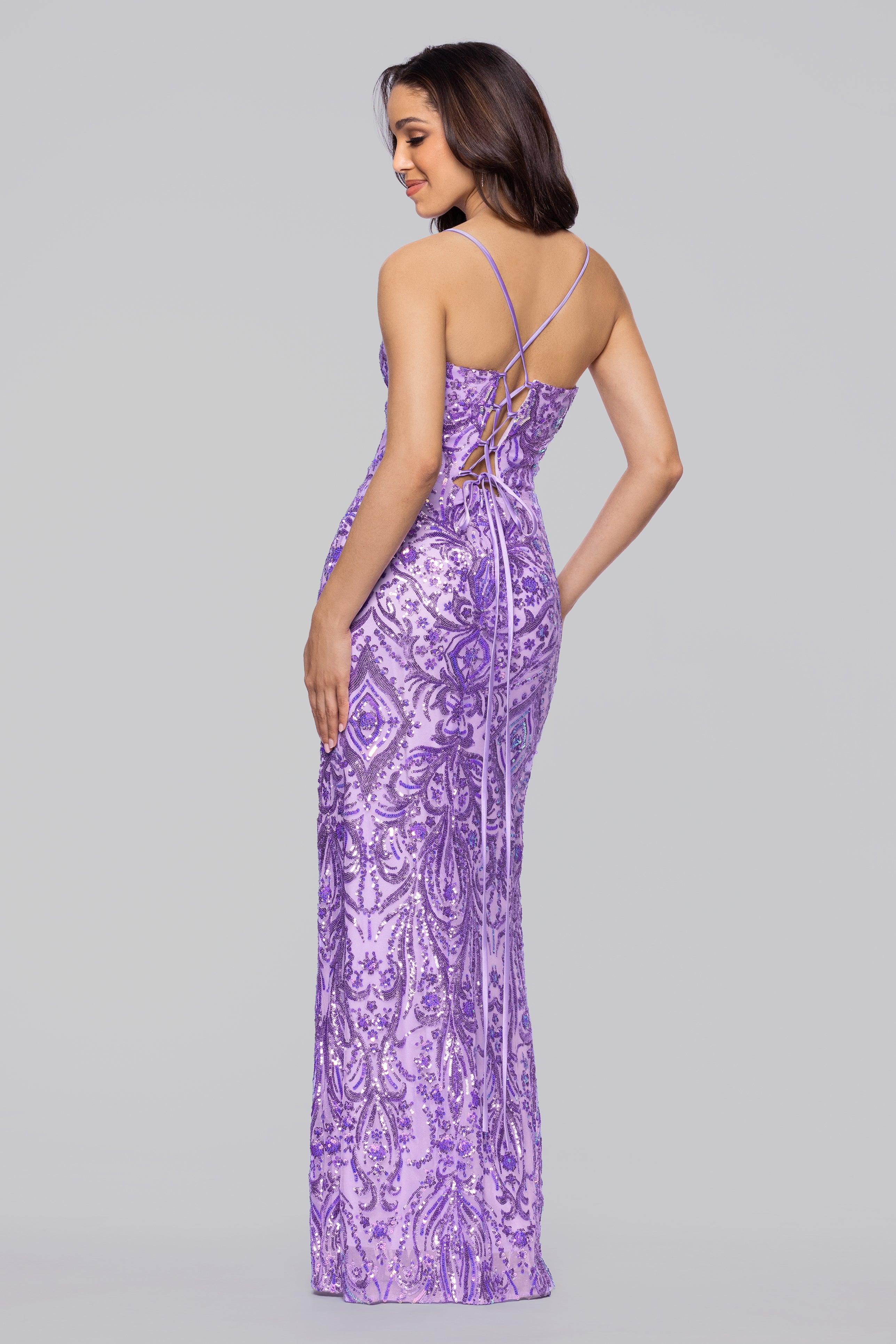 Blondie Nites Juniors' Lace-Up Back Sequin Long Dress - Lavender - 3