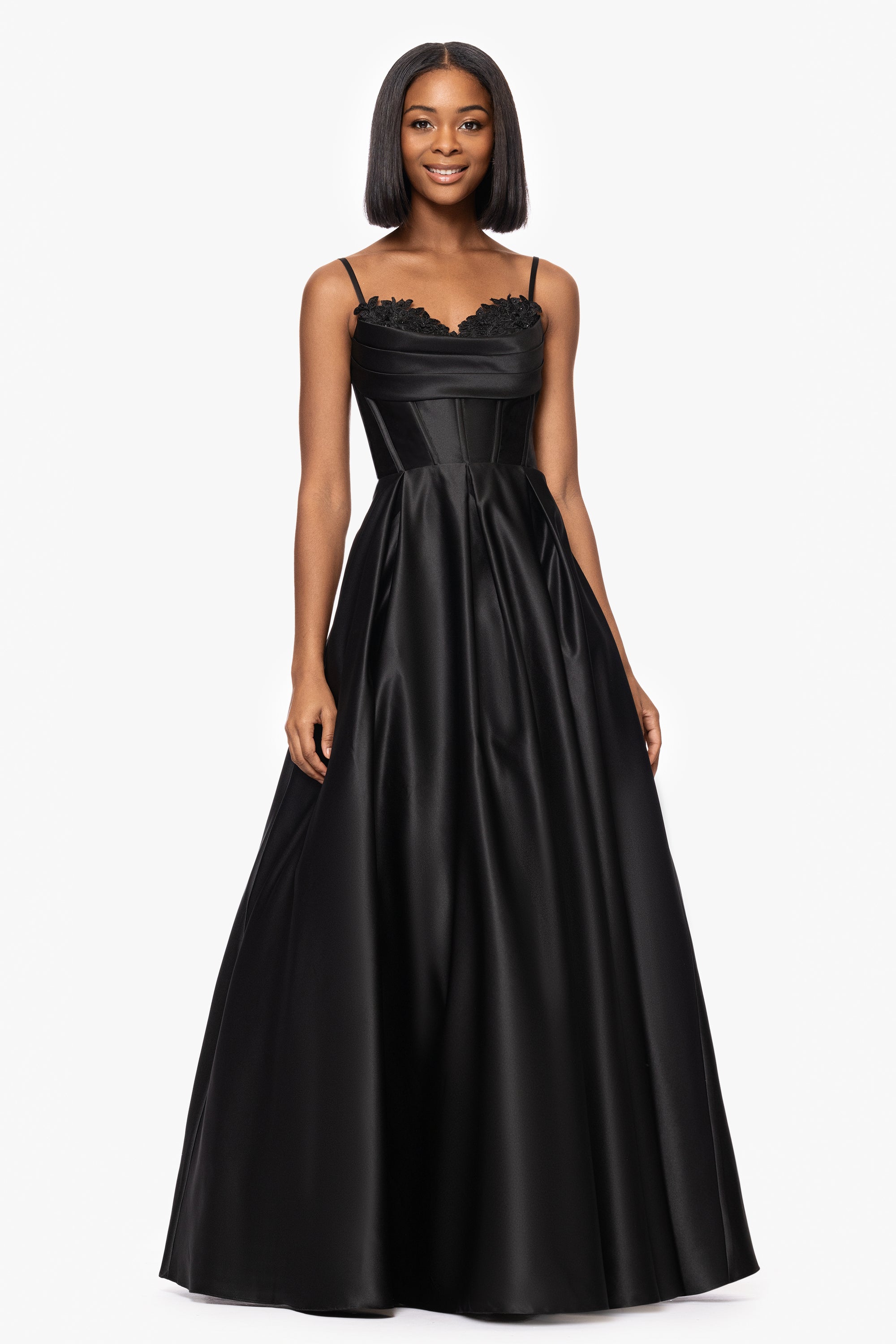 "Felicity" Satin Drape Neck Applique Floor Length Dress