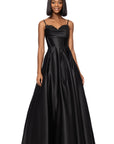 "Felicity" Satin Drape Neck Applique Floor Length Dress