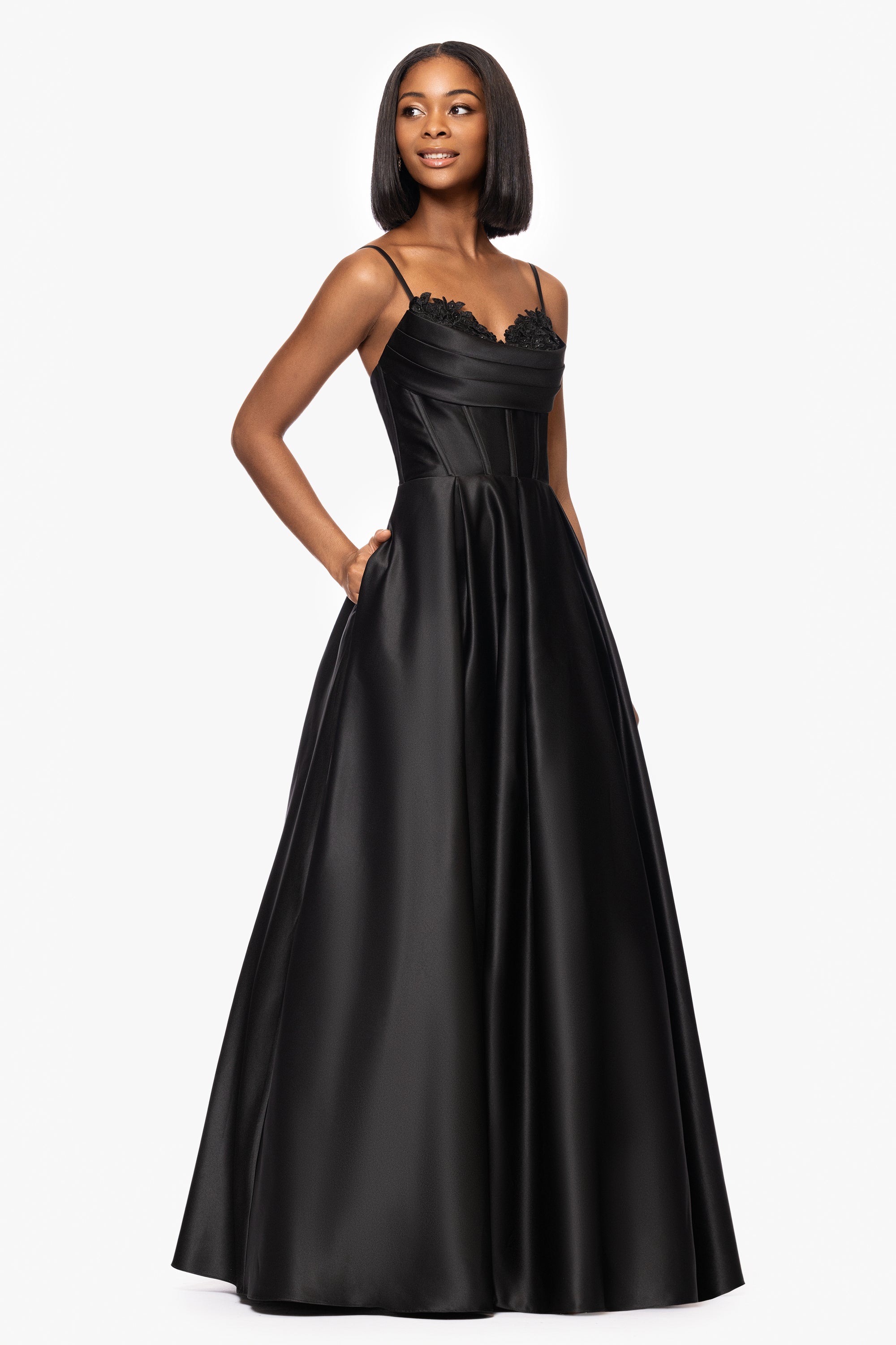 "Felicity" Satin Drape Neck Applique Floor Length Dress