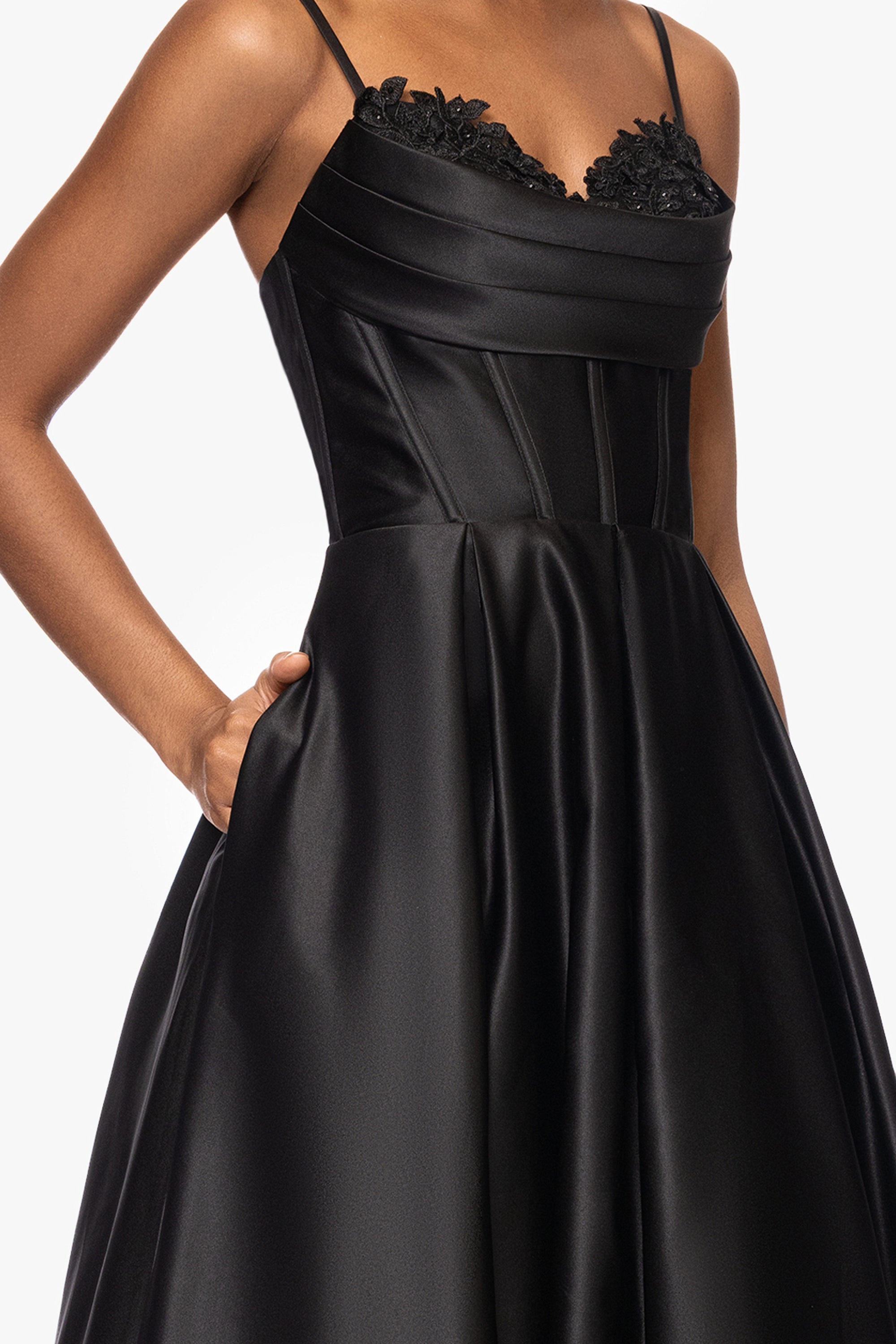 "Felicity" Satin Drape Neck Applique Floor Length Dress