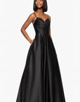 "Felicity" Satin Drape Neck Applique Floor Length Dress