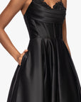 "Felicity" Satin Drape Neck Applique Floor Length Dress