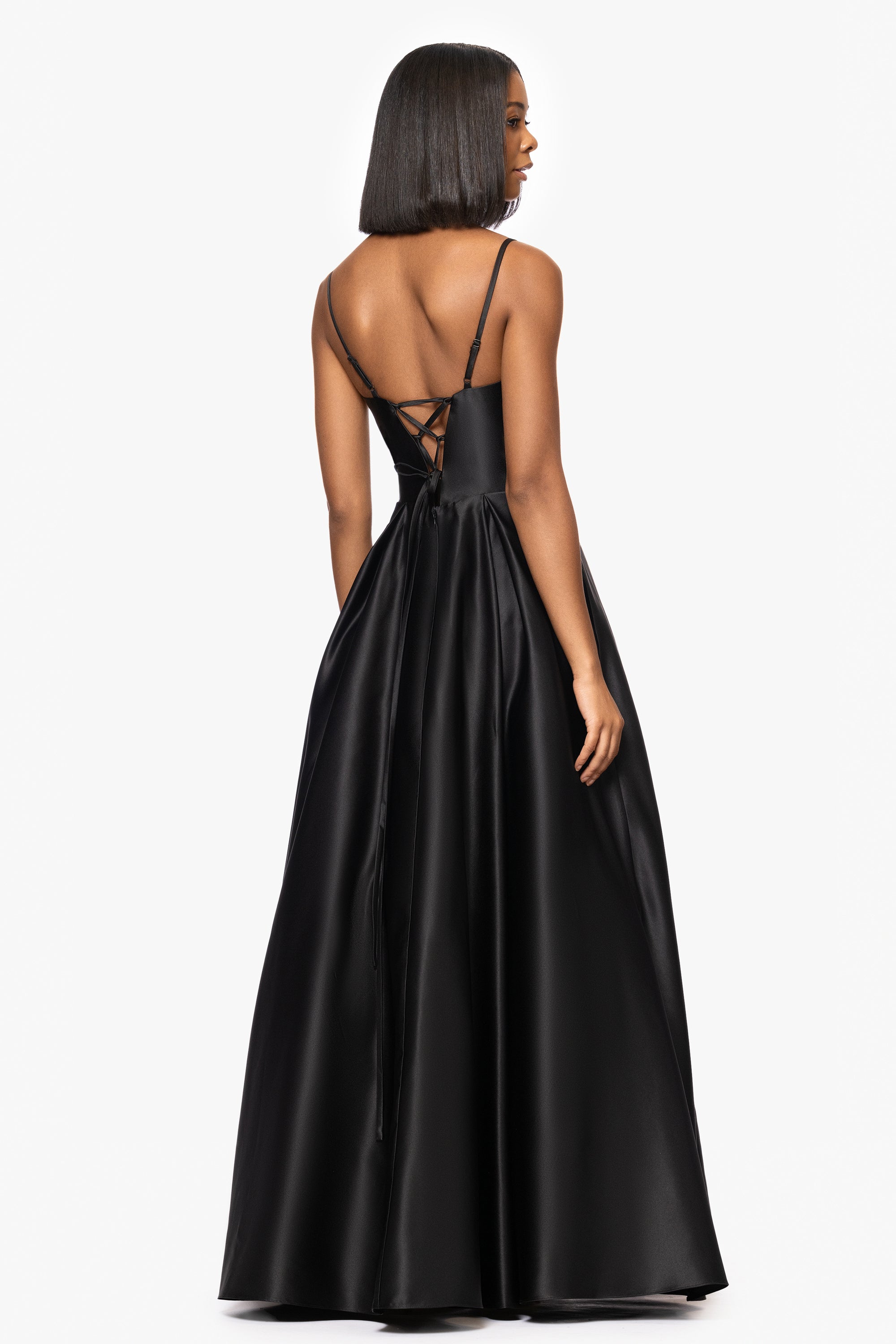 "Felicity" Satin Drape Neck Applique Floor Length Dress