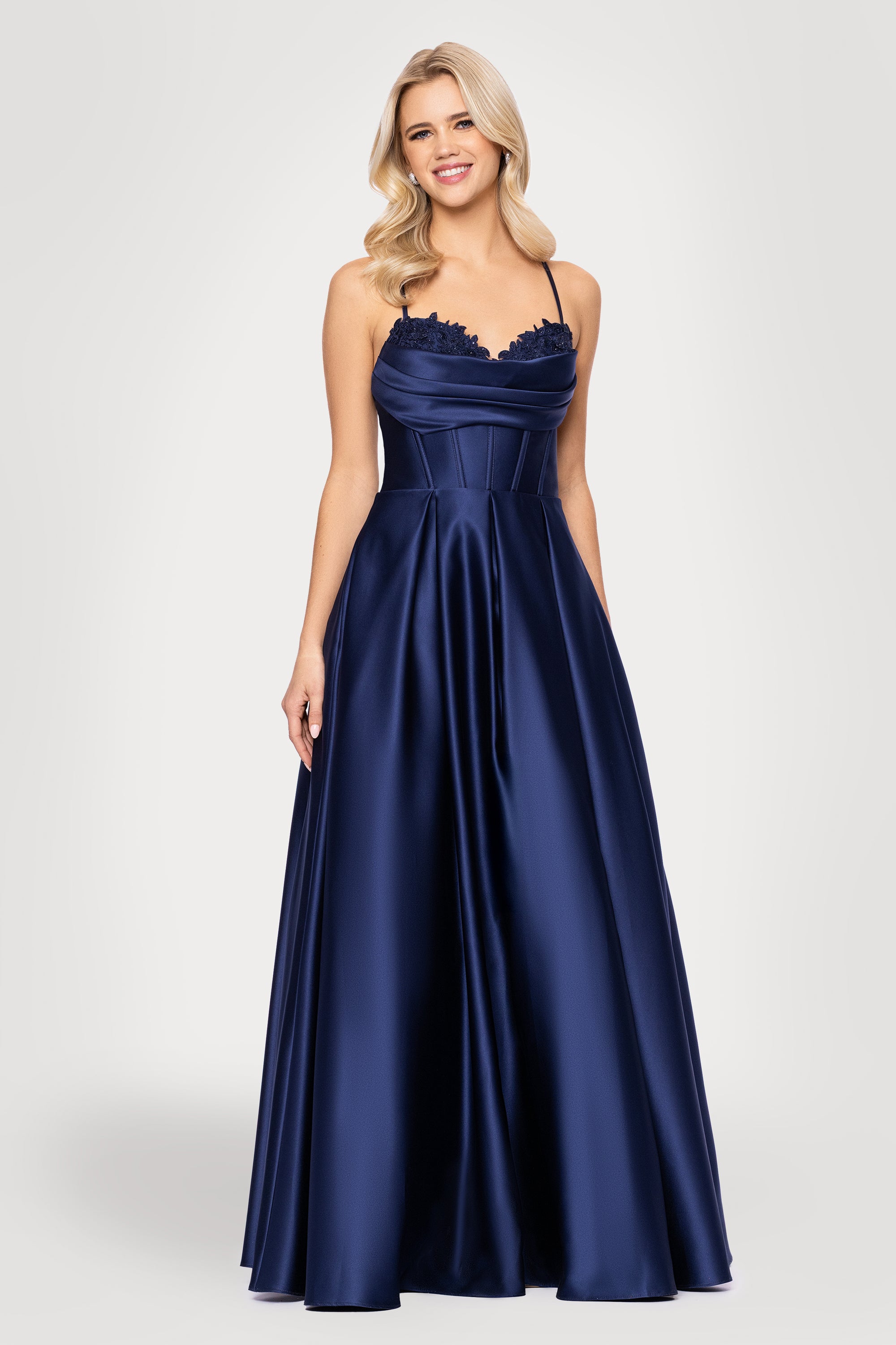 "Felicity" Satin Drape Neck Applique Floor Length Dress