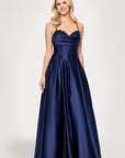 "Felicity" Satin Drape Neck Applique Floor Length Dress