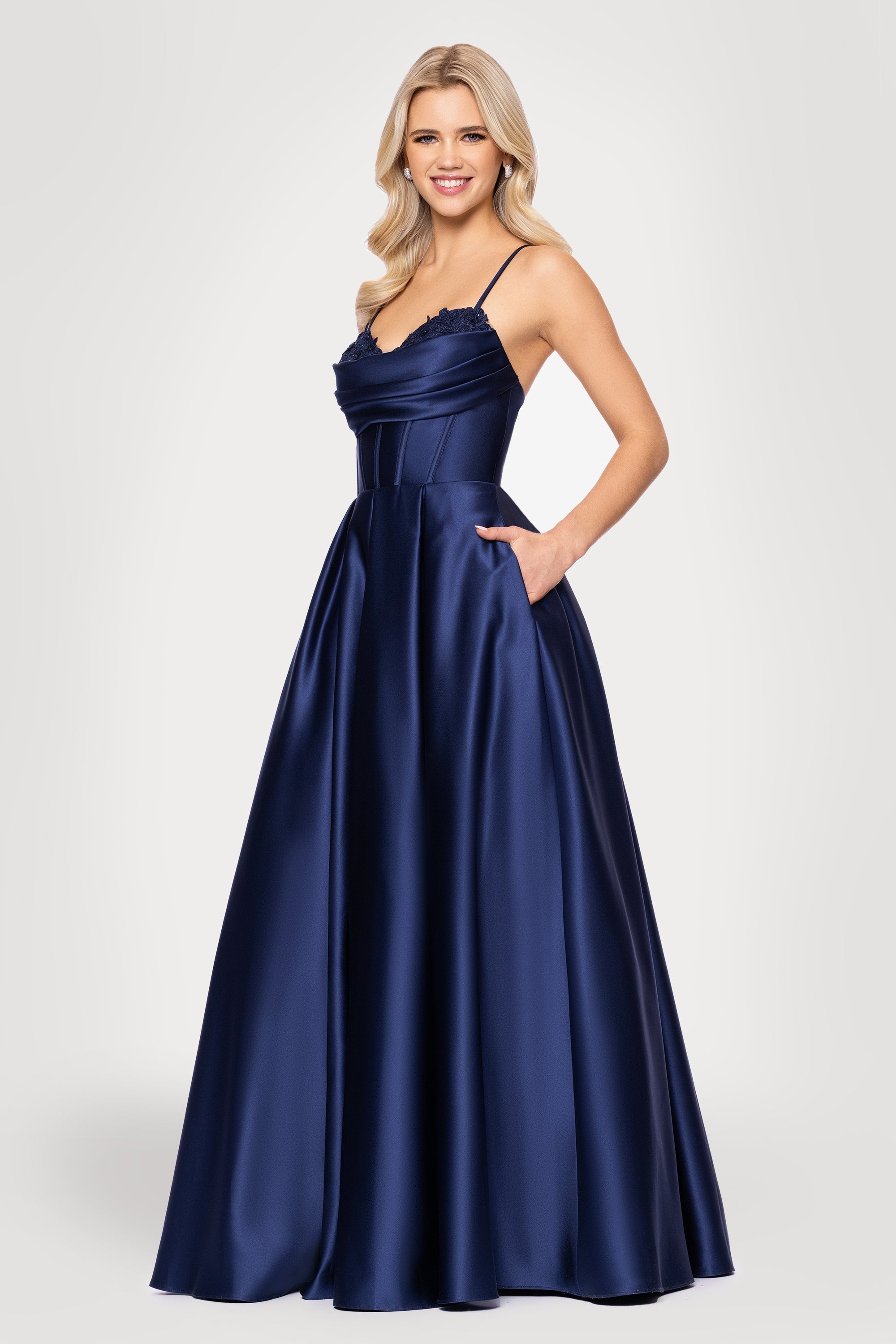 "Felicity" Satin Drape Neck Applique Floor Length Dress