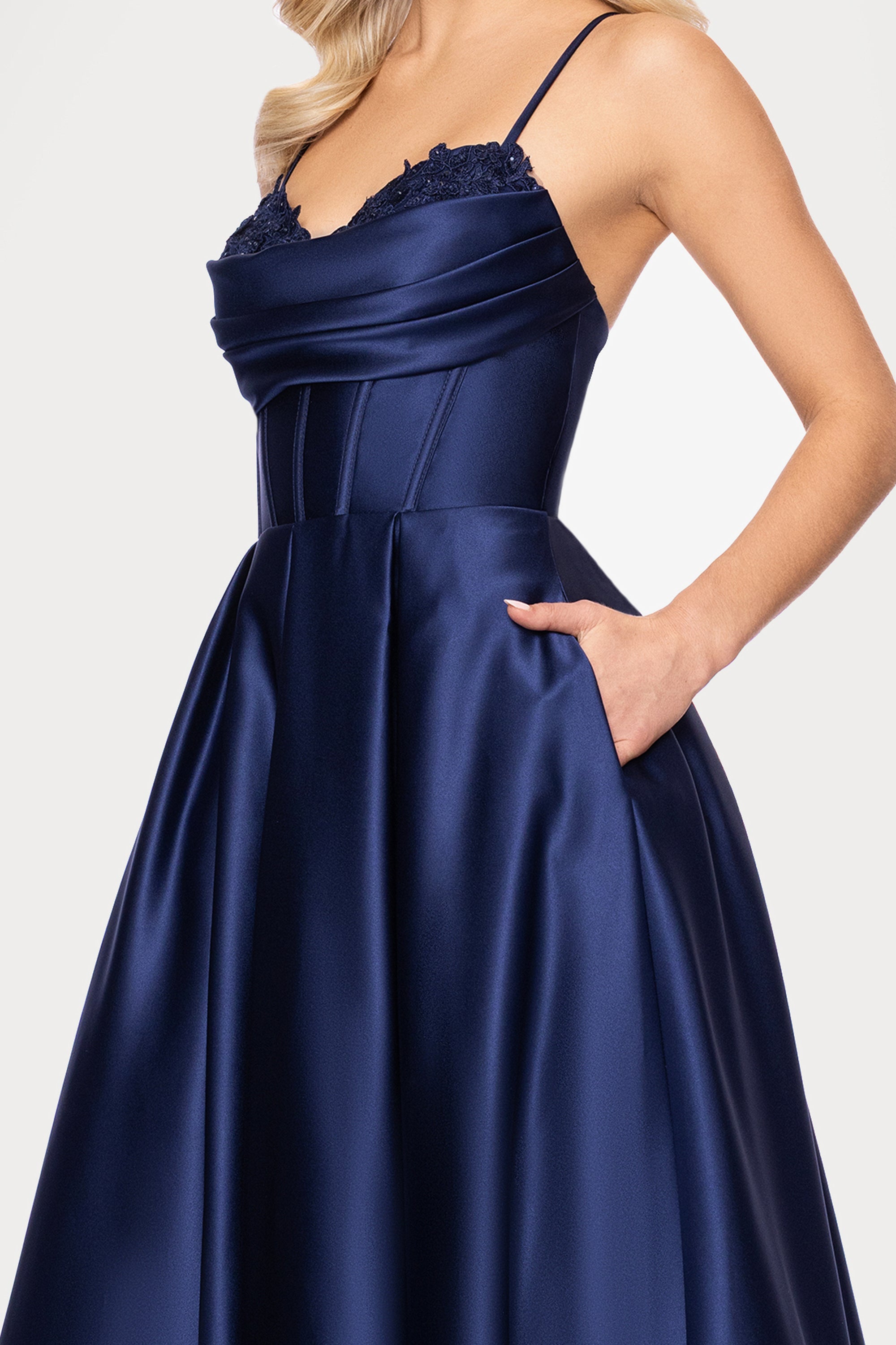 "Felicity" Satin Drape Neck Applique Floor Length Dress