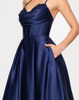 "Felicity" Satin Drape Neck Applique Floor Length Dress