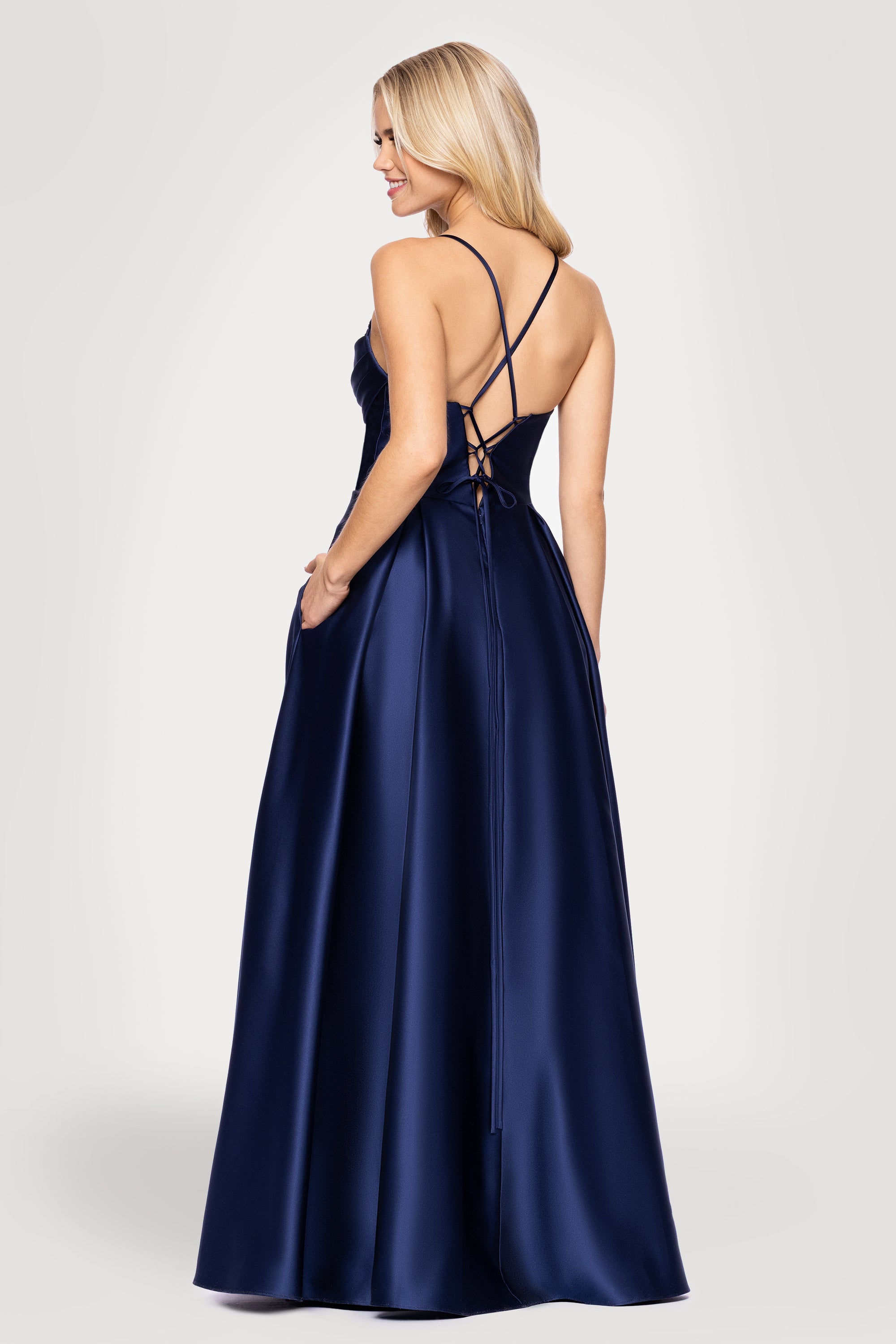 "Felicity" Satin Drape Neck Applique Floor Length Dress