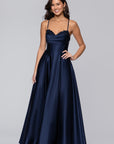 "Felicity" Satin Drape Neck Applique Floor Length Dress