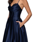 "Felicity" Satin Drape Neck Applique Floor Length Dress